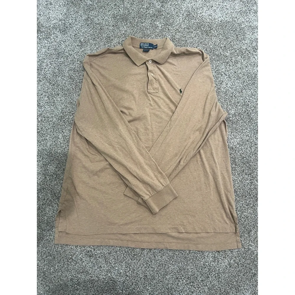 Polo Ralph Lauren Mens‎ XXL Tan Long Sleeve Cotton Jersey Polo Shirt Heathered